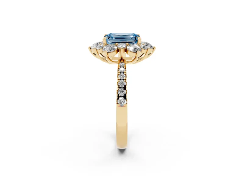 Fancy Blue Emerald Cut Diamond Floral Halo Ring Set in Yellow gold with Round Pavé Band and Prong Setting