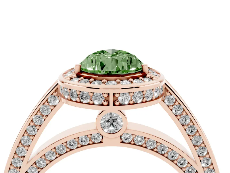 Fancy Green Pear Cut Diamond Halo Pavé Split Shank Ring Set in Rose gold with Prong Setting