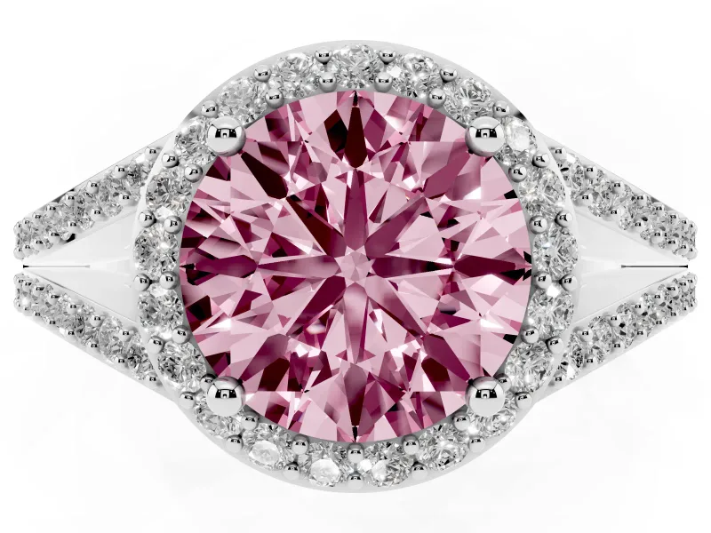 Round Halo Engagement Ring Setting for a Fancy Pink Lab-Grown Diamond | Pave Split Shank | Platinum