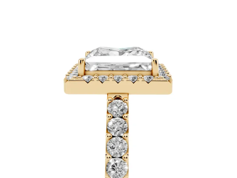 Princess Cut Diamond Halo Pavé Solitaire Ring Set in Yellow gold with Prong-Set Center Stone