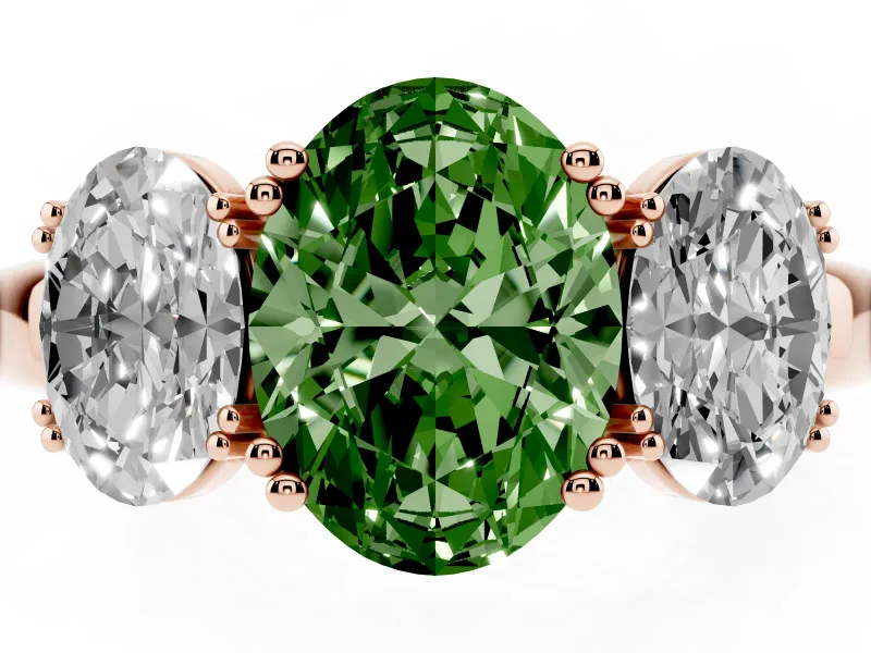 Oval Three Stone Engagement Ring Setting for a Fancy Green Lab-Grown Diamond | Double Claw Head | Rose Gold