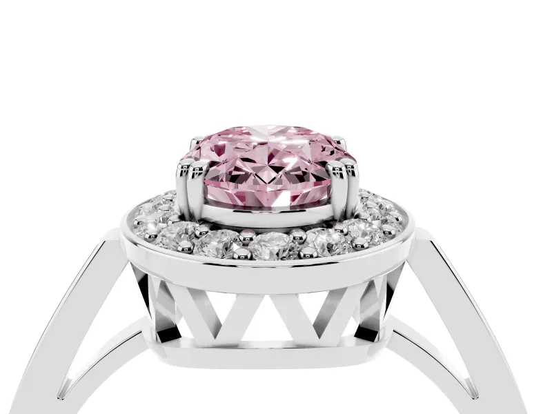Fancy Pink Oval Cut Diamond Halo Ring Set in Platinum with Accent-Lined Split Shank and Prong Setting