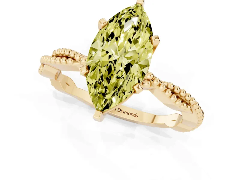 Fancy Yellow Marquise Cut Diamond Solitaire Ring Set in Yellow gold with Twisted Band and Bead Prong Setting