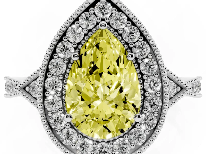 Fancy Yellow Pear Cut Diamond Halo Engagement Ring Set in Silver with Milgrain Pavé Band