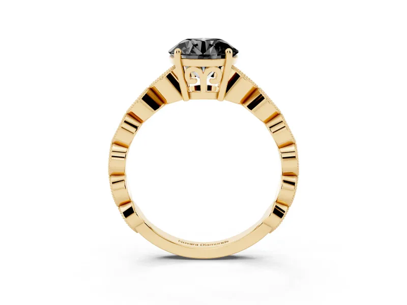 Fancy Black Round Cut Diamond Solitaire Ring Set in Yellow gold with Infinity Twist Pavé Band