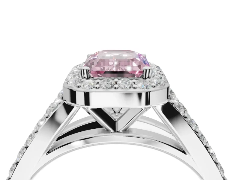 Emerald Cut Halo Pavé Engagement Ring Setting for a Fancy Pink Lab-Grown Diamond | Narrow Split Shank | Platinum