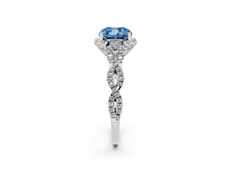 Fancy Blue Cushion Cut Diamond Halo Twist Band Solitaire Ring Set in White gold with Prong-Set Center Stone