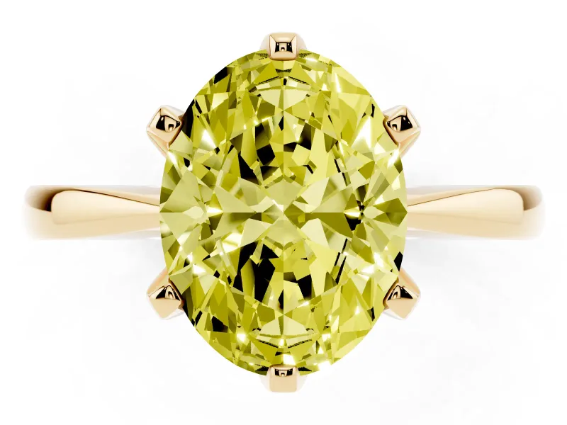 Fancy Yellow Oval Cut Diamond Solitaire Engagement Ring Set in Yellow gold with Slim Tapered Solitaire Band
