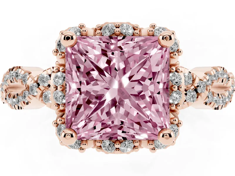 Princess Cut Milgrain Halo Engagement Ring Setting for a Fancy Pink Lab-Grown Diamond | Graduated Shoulders | Rose Gold