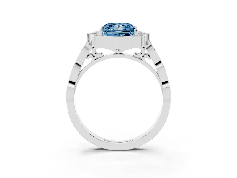 Princess Cut Vintage Scalloped Halo Engagement Ring Setting for a Fancy Blue Lab-Grown Diamond | Pave Band | White Gold
