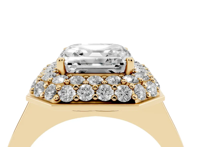 Asscher Cut Pave Halo Engagement Ring Setting | Slim Plain Band | Yellow Gold