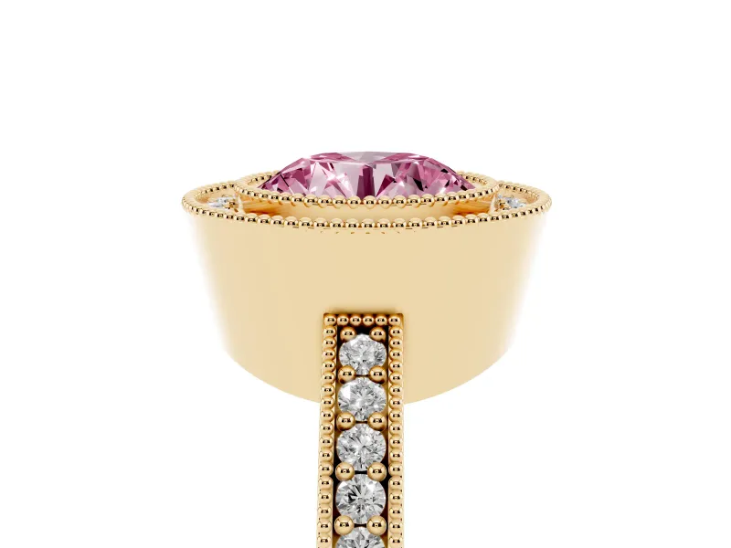 Round Milgrain Halo Engagement Ring Setting for a Fancy Pink Lab-Grown Diamond | Pave Band | Yellow Gold