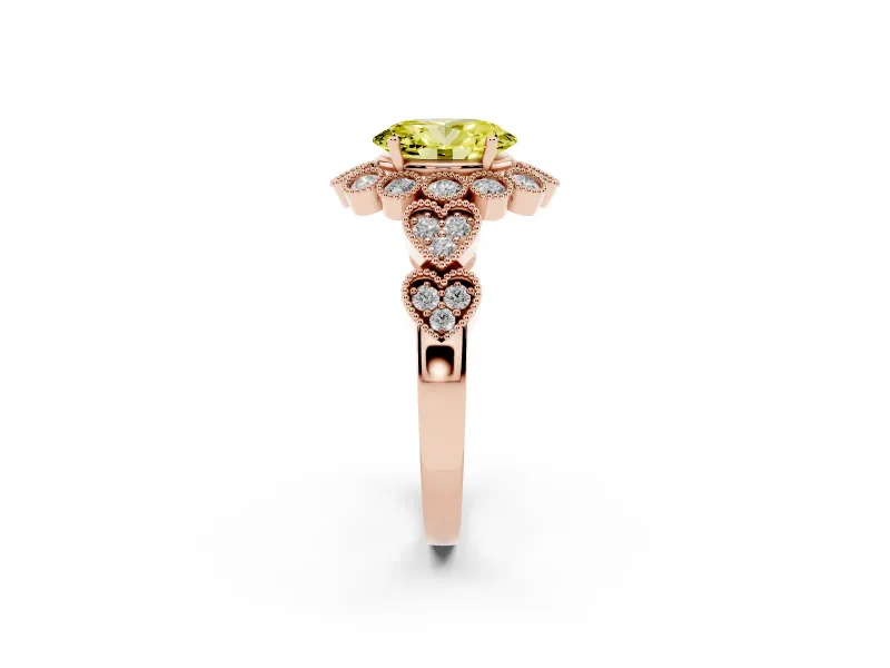Oval Scalloped Halo Engagement Ring Setting for a Fancy Yellow Lab-Grown Diamond | Heart Pavé Band | Rose Gold