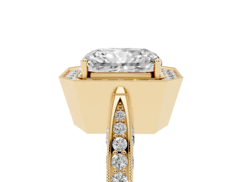 Radiant Cut Vintage Milgrain Halo Engagement Ring Setting | Side Stones and Pave | Yellow Gold