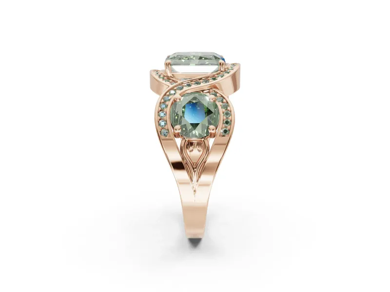 Radiant Cut Three Stone Halo Engagement Ring Setting for a Fancy Green Lab-Grown Diamond | Pavé Wave Band | Rose Gold