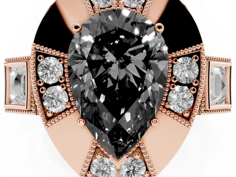 Fancy Black Pear Cut Diamond Milgrain Halo Ring Set in Rose gold with Split Shank