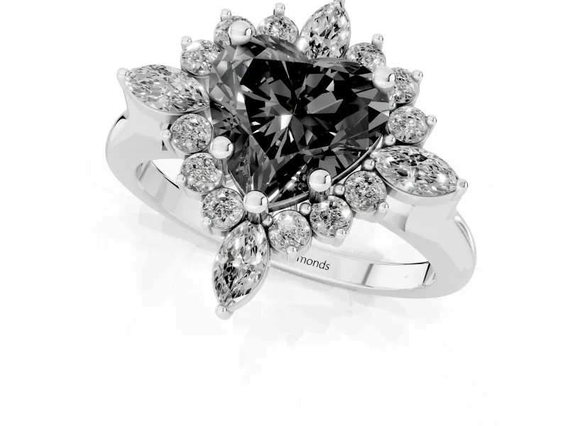 Fancy Black Heart Cut Diamond Cluster Halo Ring Set in Platinum with Marquise and Round Accents