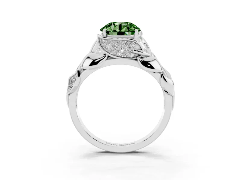 Fancy Green Round Cut Diamond Leaf-Inspired Engagement Ring Set in White gold with Round Accents