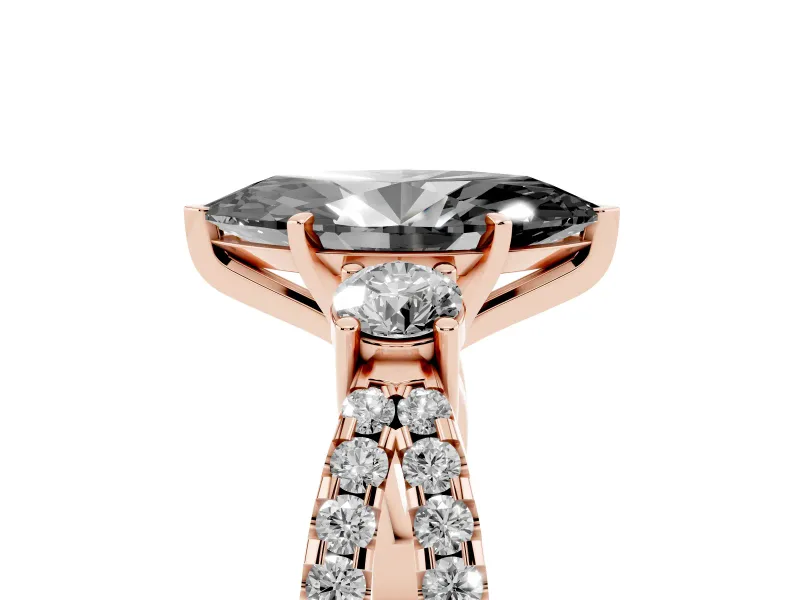 Fancy Black Marquise Cut Diamond Three-Stone Ring Set in Rose gold with Pavé Split Shank and Prong Setting