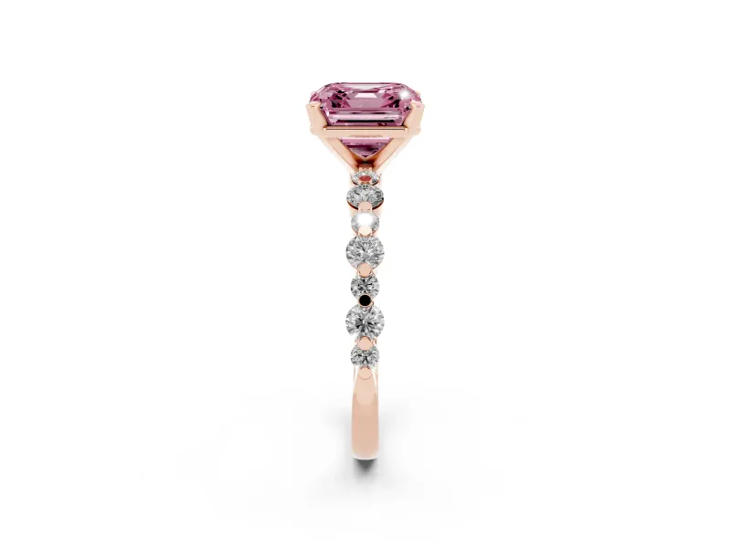 Fancy Pink Asscher Cut Diamond Prong Set Engagement Ring Set in Rose gold with Round Accent Pavé Band