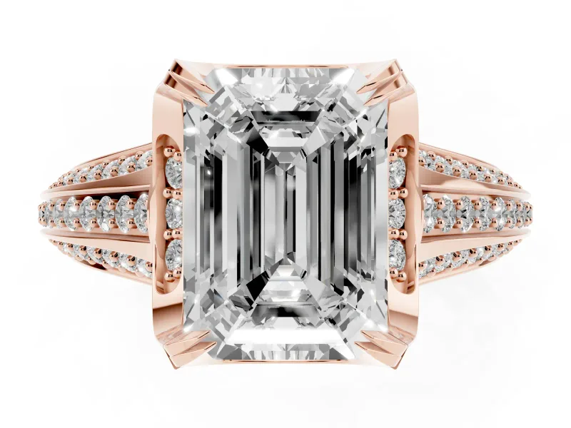 Emerald Cut Hidden Halo Engagement Ring Setting | Triple Row Pavé Band | Rose Gold
