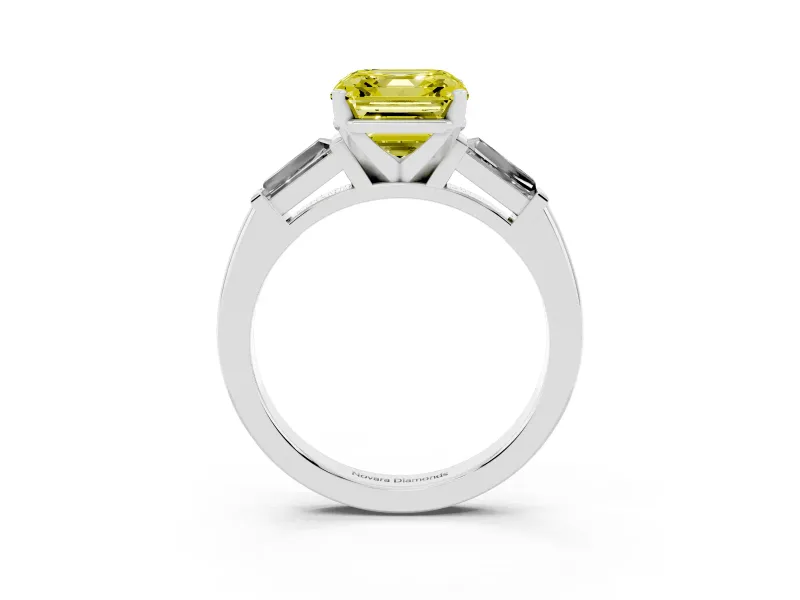 Fancy Yellow Asscher Cut Diamond Solitaire Ring Set in Silver with Tapered Baguette Side Stones and Prong Setting