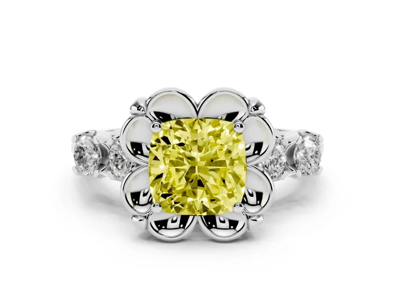Fancy Yellow Cushion Cut Diamond Floral Halo Ring Set in Silver with Shared Prong Band