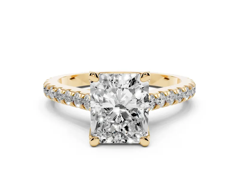 Radiant Cut Diamond Solitaire Ring Set in Yellow gold with Brilliant Pavé Band and Prong Setting
