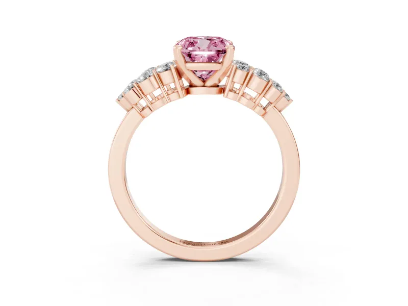 Fancy Pink Cushion Cut Diamond Cluster Engagement Ring Set in Rose gold with Pavé Band and Prong Setting