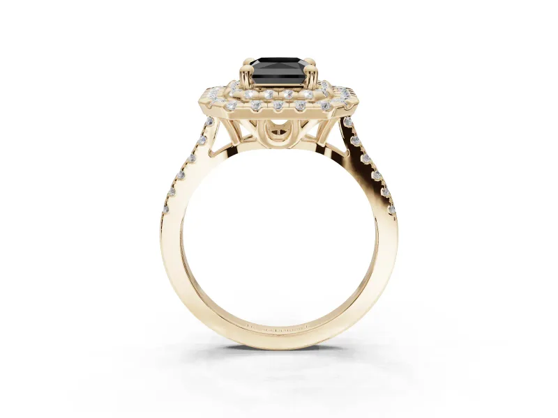 Fancy Black Radiant Cut Lab-Grown Diamond Double Halo Statement Ring Set in Yellow Gold with Pavé Band