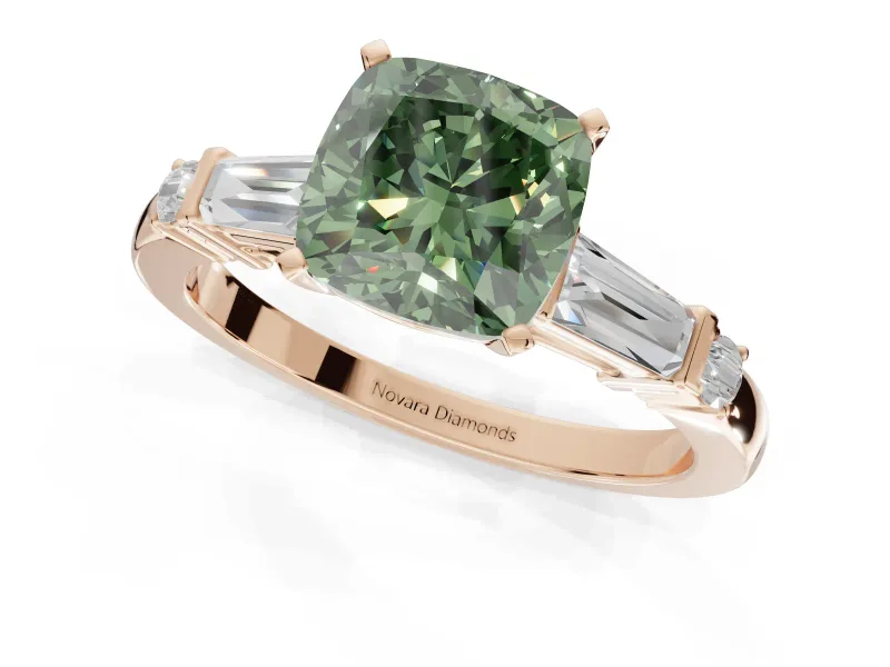 Cushion Cut Tapered Baguette Engagement Ring Setting for a Fancy Green Lab-Grown Diamond | Rose Gold