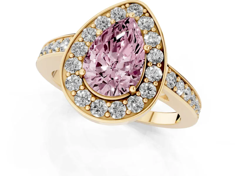 Fancy Pink Pear Cut Diamond Halo Pavé Engagement Ring Set in Yellow gold with Bezel Setting