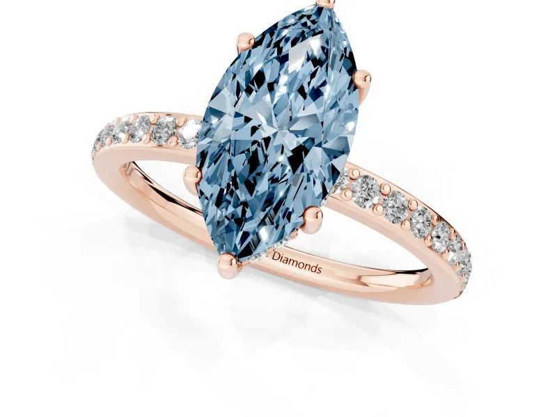 Fancy Blue Marquise Cut Diamond Pavé Band Ring Set in Rose gold with Prong-Set Center Stone