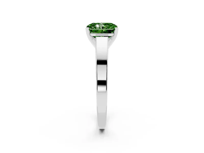 Fancy Green Radiant Cut Diamond Solitaire Engagement Ring Set in White gold with Prong Setting and Tapered Band