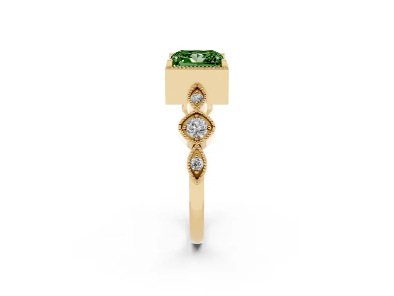 Princess Cut Vintage Milgrain Engagement Ring Setting for a Fancy Green Lab-Grown Diamond | Yellow Gold