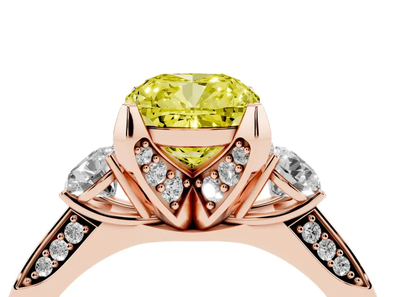 Cushion Cut Hidden Halo Three Stone Engagement Ring Setting for a Fancy Yellow Lab-Grown Diamond | Rose Gold