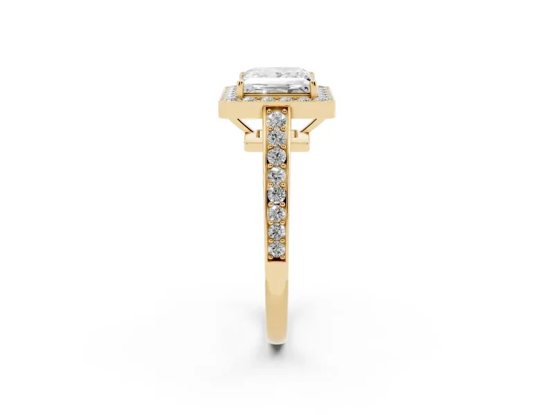Princess Cut Diamond Halo Pavé Engagement Ring Set in Yellow gold with Bezel Setting