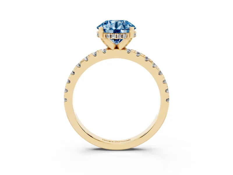 Round Hidden Halo Solitaire Engagement Ring Setting for a Fancy Blue Lab-Grown Diamond | Pave Band | Yellow Gold