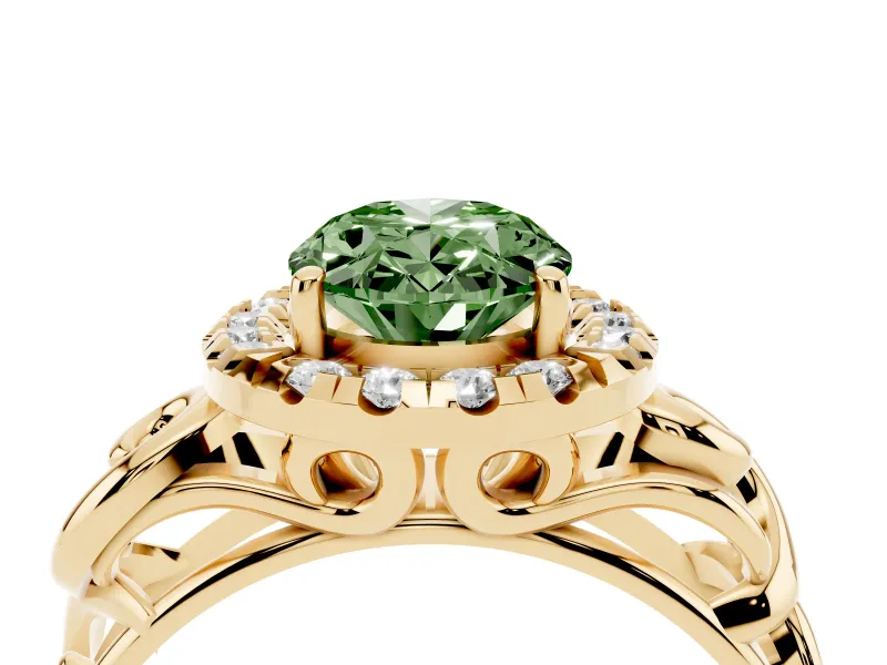 Fancy Green Oval Cut Diamond Halo Ring Set in Yellow gold with Scrollwork Band and Prong Setting