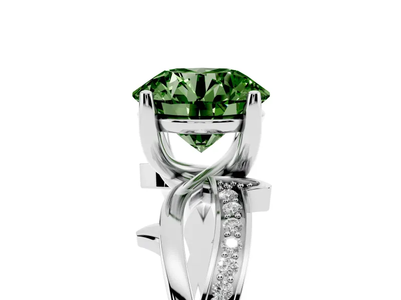 Fancy Green Round Cut Diamond Pavé Twist Band Solitaire Ring Set in Silver with Prong Setting