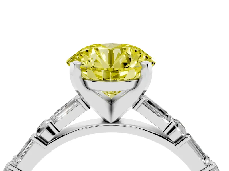 Fancy Yellow Round Cut Diamond Solitaire Set in Silver with Side Baguettes and Channel Set Band