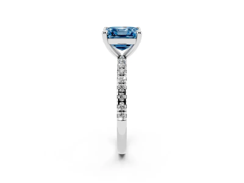 Fancy Blue Asscher Cut Diamond Brilliant Solitaire Ring Set in Silver with Pavé Band and Prong Setting