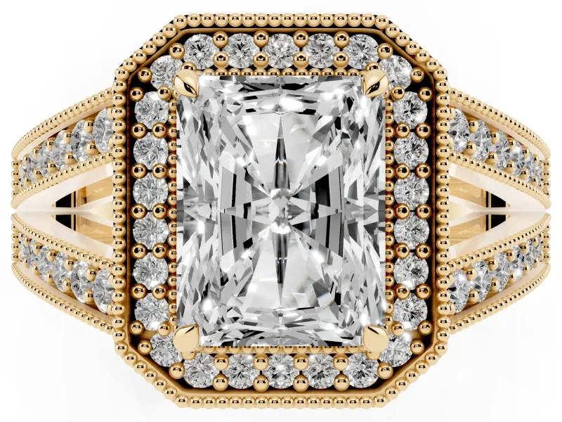 Radiant Cut Vintage Milgrain Halo Engagement Ring Setting | Pave Split Shank | Yellow Gold
