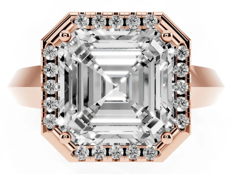 Asscher Cut Diamond Halo Ring Set in Rose gold with Cathedral Band and Prong Setting