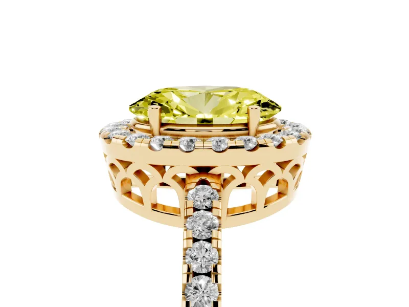 Fancy Yellow Oval Cut Diamond Pavé Band Halo Engagement Ring Set in Yellow gold with Prong Setting