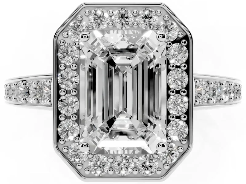 Emerald Cut Diamond Halo Pavé Engagement Ring Set in Silver with Bezel Setting