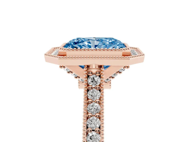 Radiant Cut Vintage Milgrain Halo Engagement Ring Setting for a Fancy Blue Lab-Grown Diamond | Bezel Head | Rose Gold