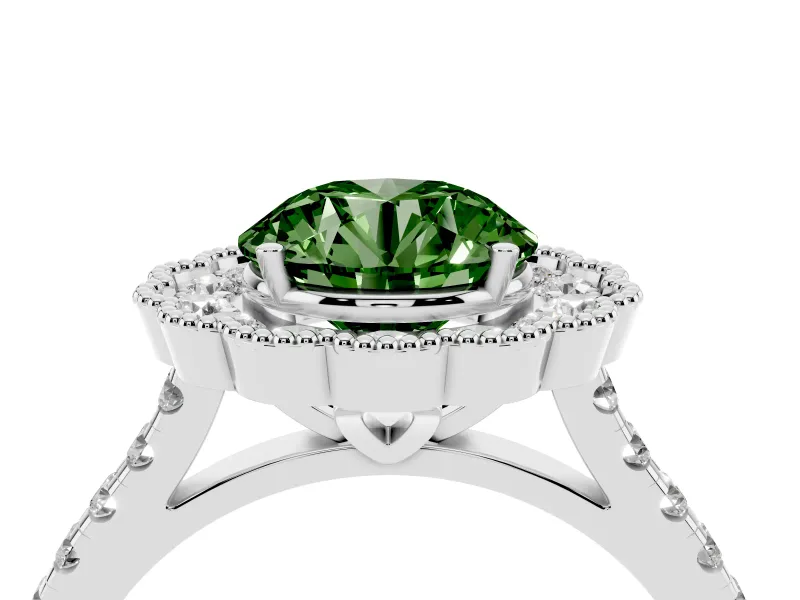 Fancy Green Round Cut Diamond Milgrain Floral Halo Engagement Ring Set in White gold with Pavé Band