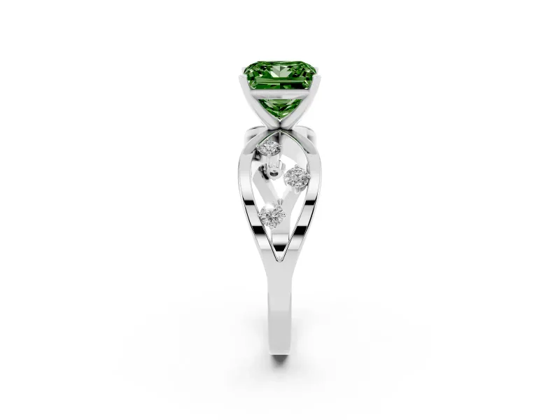 Fancy Green Princess Cut Diamond Solitaire Ring Set in Platinum with Side Stones on Criss-Cross Band and Prong Setting