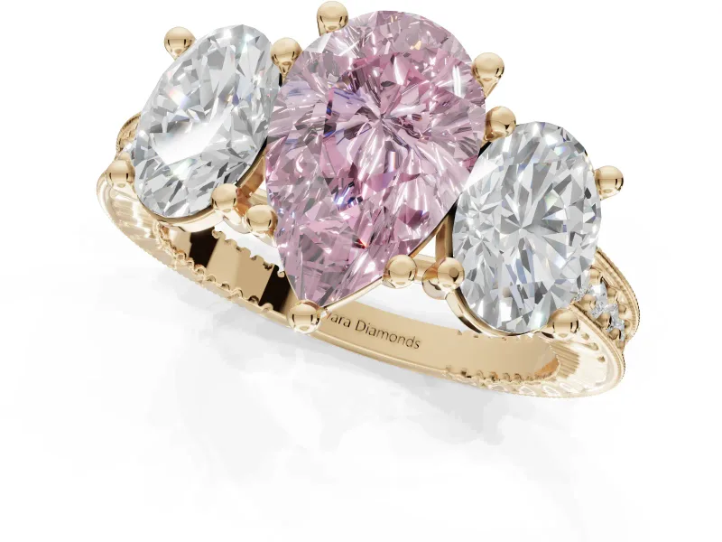 Pear-Shaped Vintage Three Stone Engagement Ring Setting for a Fancy Pink Lab-Grown Diamond | Yellow Gold